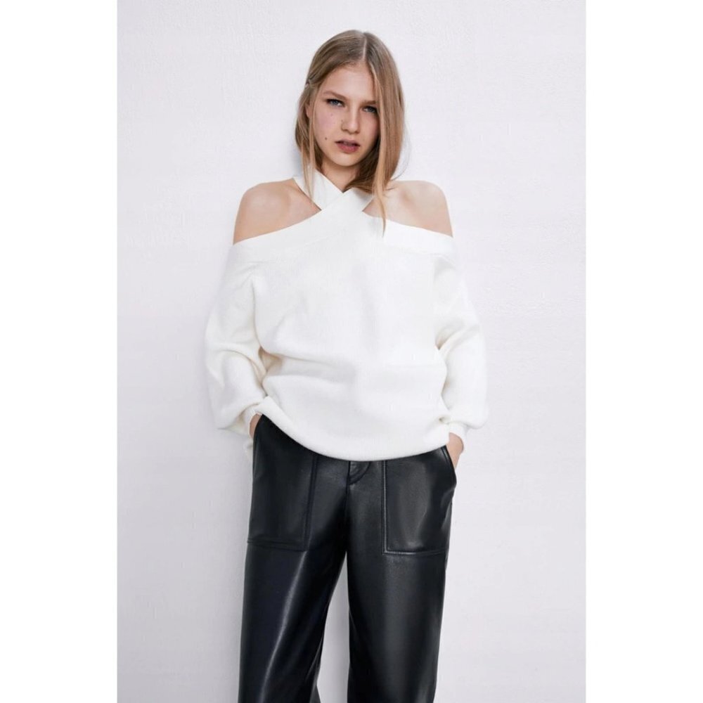 EUC Zara off-white ecru crossover strap exposed shoulder sweater, S
